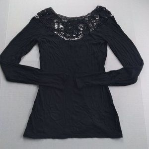 JESSICA SIMPSON Black Ribbed Knit Top with Lace